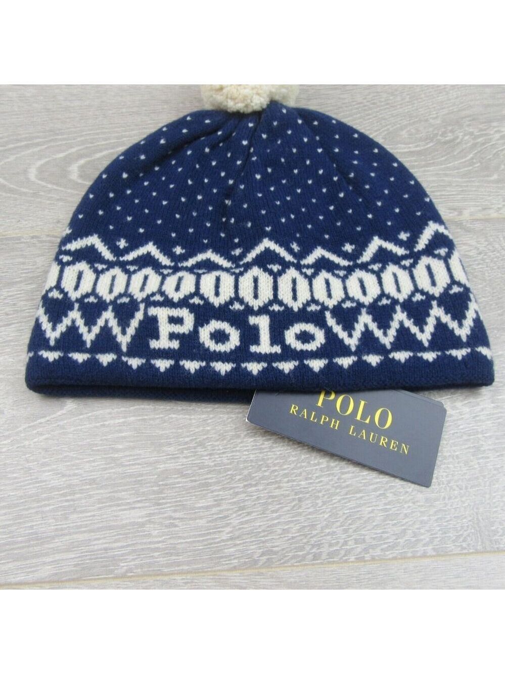 Polo Ralph Lauren Pom Pom Beanie Cap One Size Navy White NEW - Picture 3 of 12